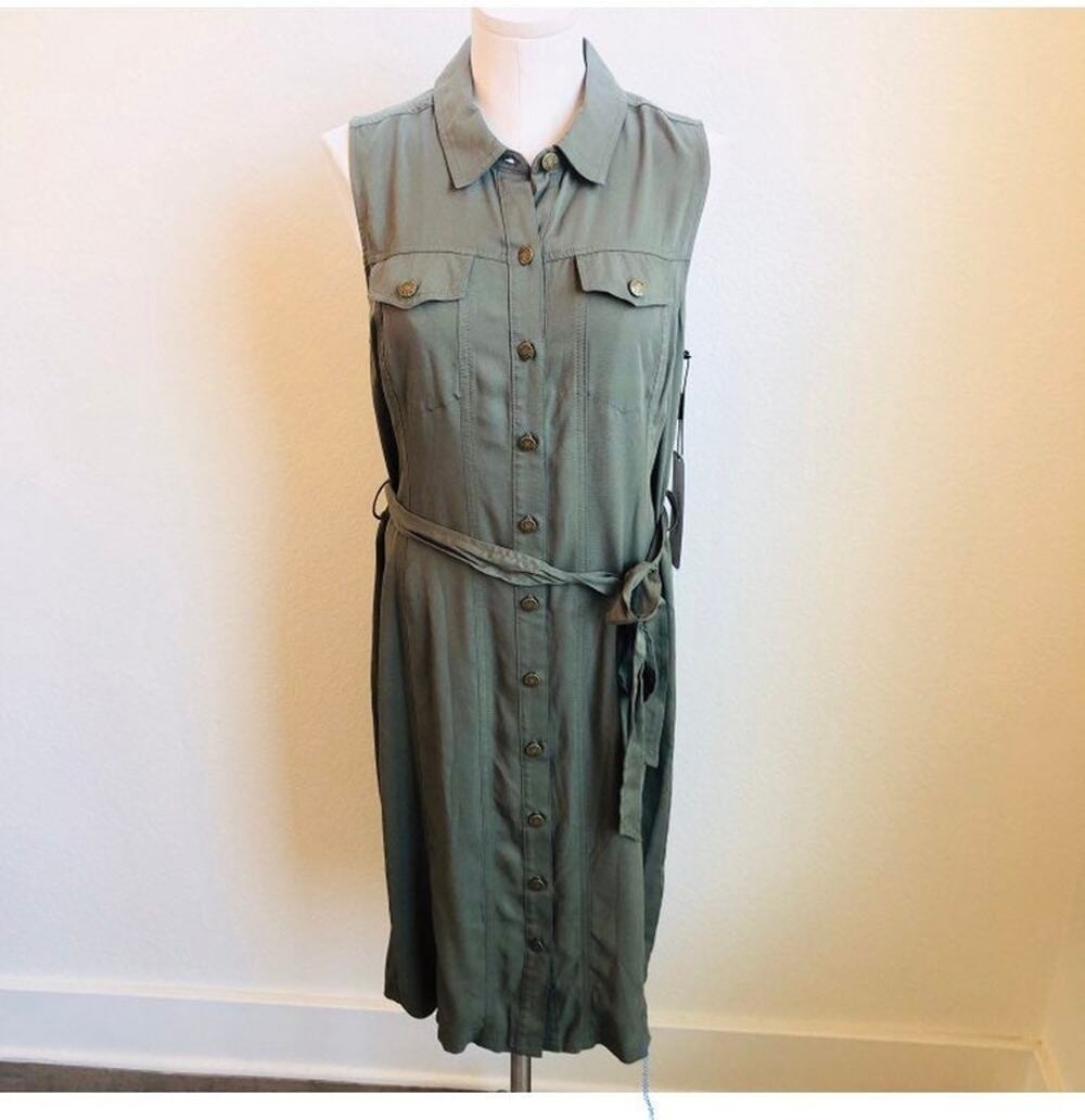 Calvin klein army green casual button down dress womens size 8 New